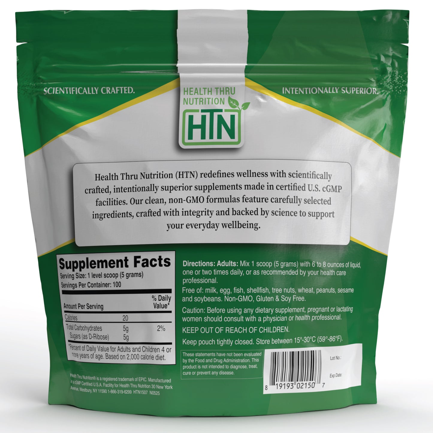 D-Ribose Pure Bulk Powder | Cellular Energy Support | Non-GMO Gluten and Soy Free 500g