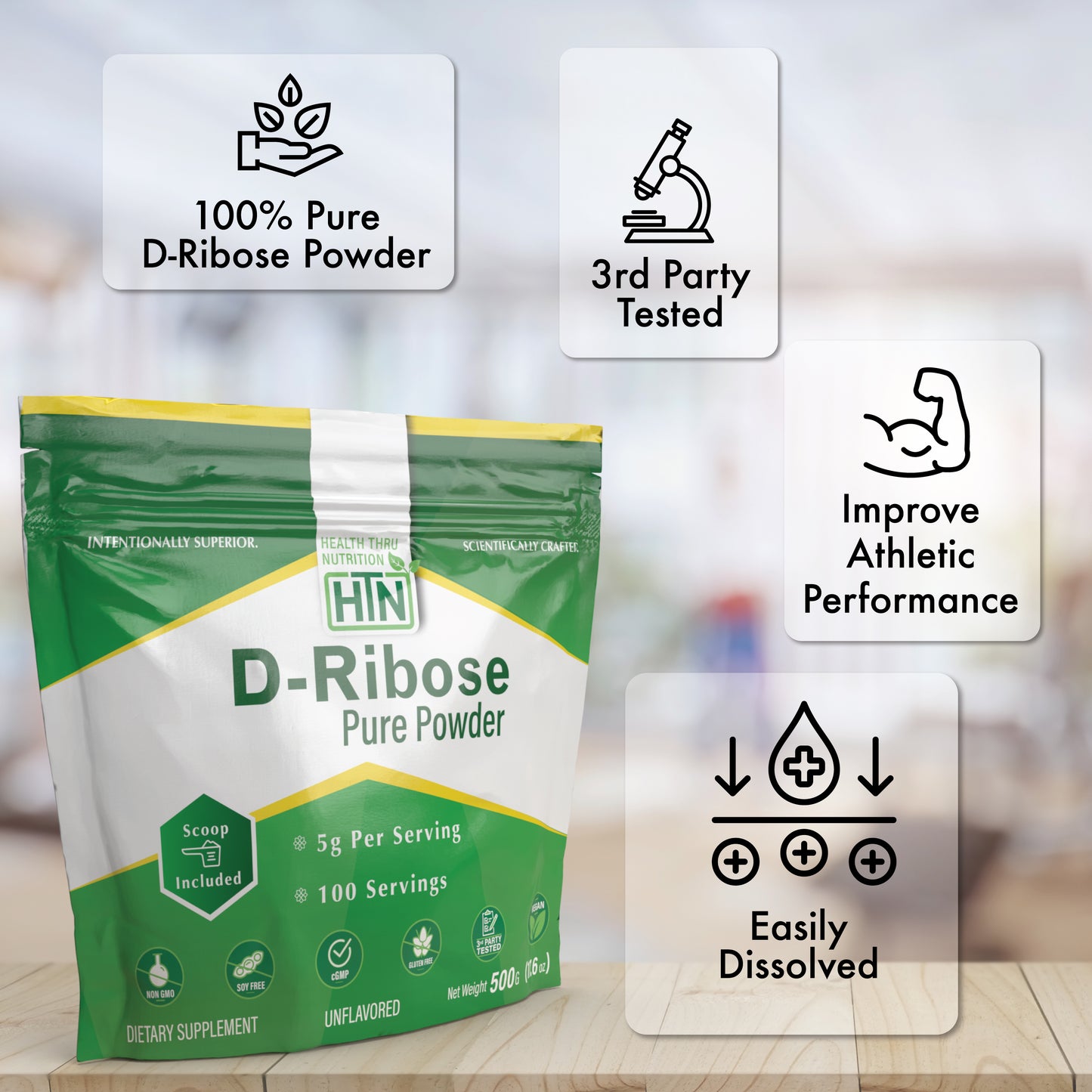 D-Ribose Pure Bulk Powder | Cellular Energy Support | Non-GMO Gluten and Soy Free 500g