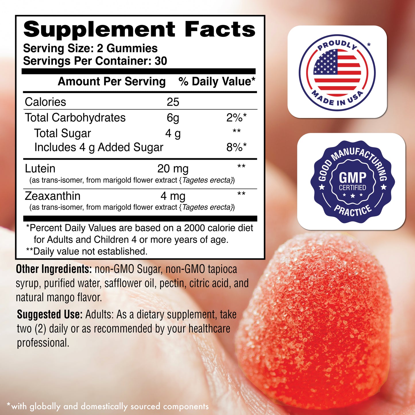 Lutein + Zeaxanthin Gummies – All-Trans Marigold Extract | Golden Mango Flavor 60 count