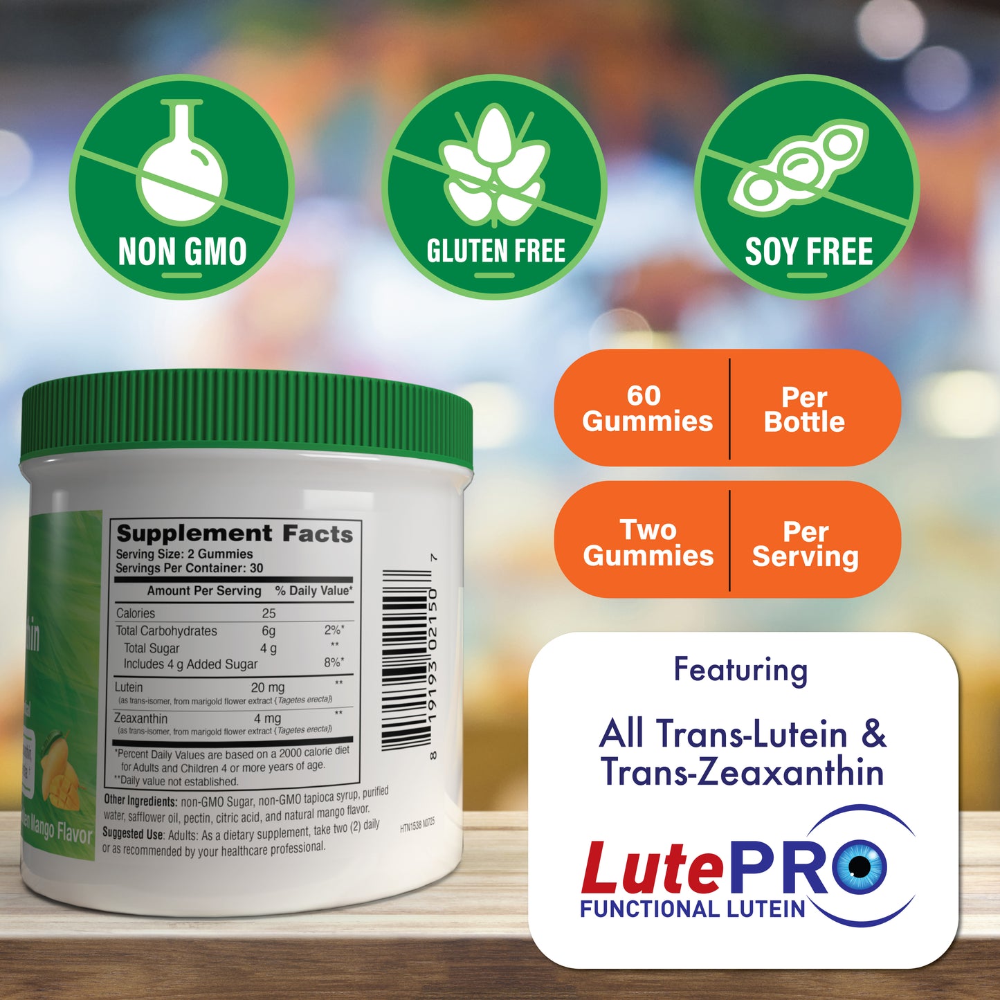 Lutein + Zeaxanthin Gummies – All-Trans Marigold Extract | Golden Mango Flavor 60 count