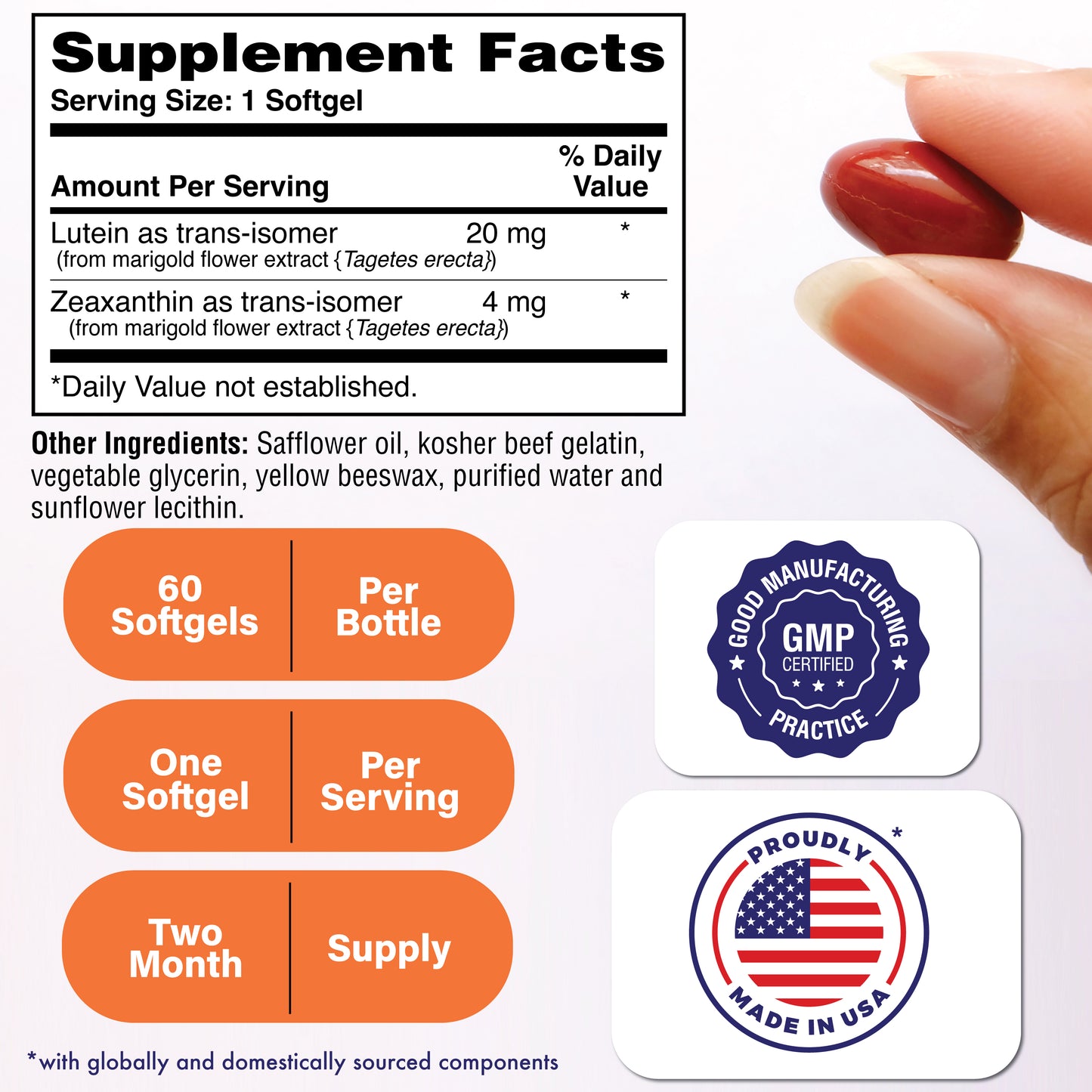 Trans Lutein 20mg with Zeaxanthin 4mg | Trans-Isomer Marigold Extract in Nature Identical 5:1 Ratio | Supports Healthy Eye, Skin and Brain | Non-GMO Soy & Gluten Free