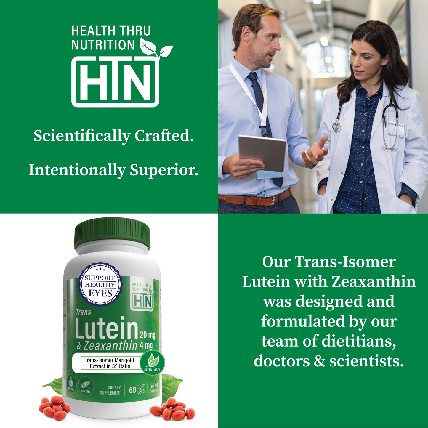 Trans Lutein 20mg with Zeaxanthin 4mg | Trans-Isomer Marigold Extract in Nature Identical 5:1 Ratio | Supports Healthy Eye, Skin and Brain | Non-GMO Soy & Gluten Free